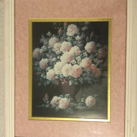 Roses flowers and vase wall art print with white wood frame wall decor - Picture 1 of 4